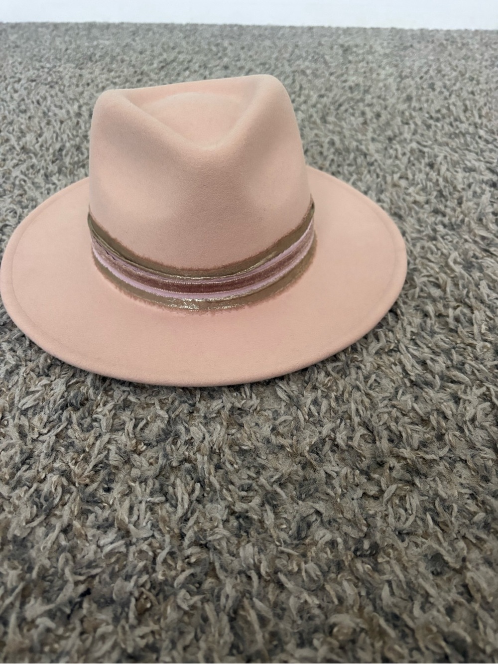Soft Pink Felt Fedora with Striped Velvet Band